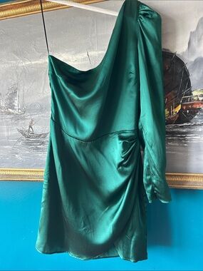 Reformation Emerald Green Satin One-Shoulder Dress